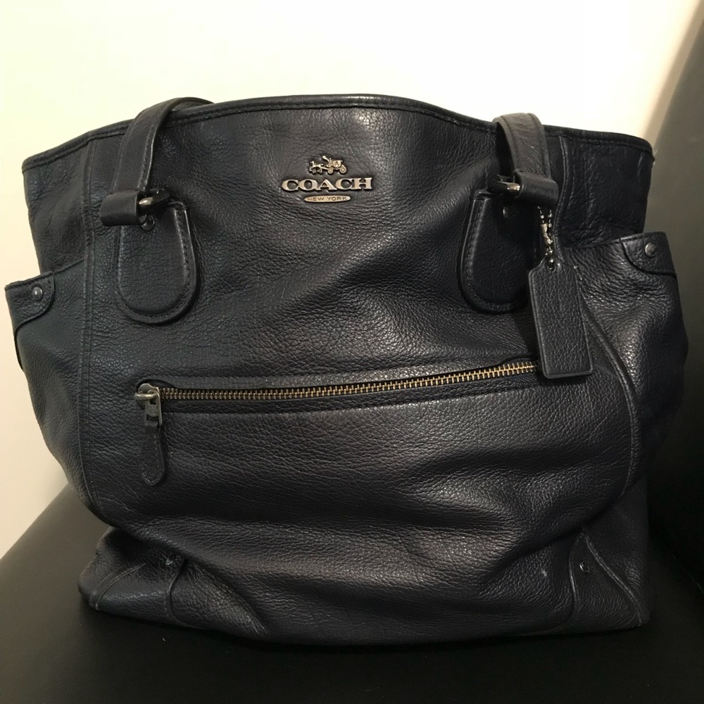 Large Navy Coach Tote in Full Grain Leather